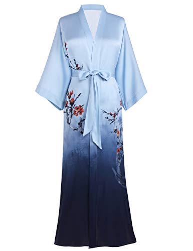Prodesign Damen Morgenmantel Maxi Lang Kimono Gedruckt Bademantel Blumen Muster Robe Satin Damen Elegant Nachtwäsche (Blau)