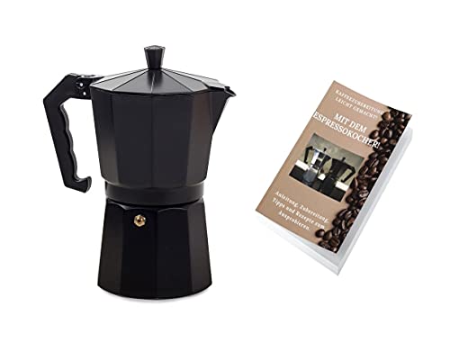 Café Genuss Espressokocher: 9 Tassen, 450 ml. Kaffeekocher, Elektro, Gas, Ceran. + Gratis eBook (Schwarz)