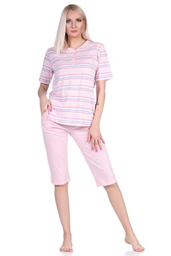 NORMANN-Wäschefabrik Damen Schlafanzug Kurzarm Pyjama mit Caprihose in pastellfarbenen Streifen - 122 204 863, Farbe:rosa, Größe:48-50