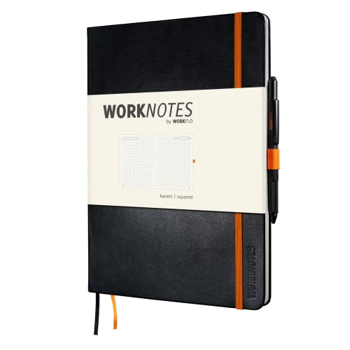 Worknotes a4 kariert - Das Notizbuch für Kreative und Macher von Workflo, Notizheft mit192 perforierten Seiten, 100g/qm, Hardcover, schwarz