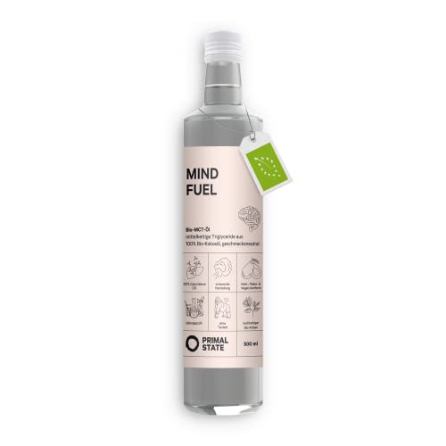 Primal State® Bio C8 MCT Öl [500ml] | fördert 300% der Keton-Anzahl anderer MCT Öle | reine Caprylsäure mit 99,8% Reinheit | inkl. Ausgießer in Glasflasche