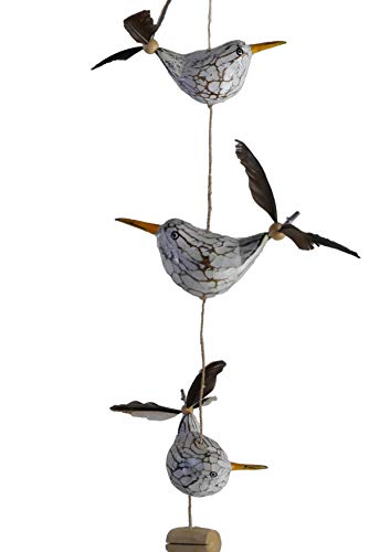 ART-CRAFT Möwen-Windspiel mit Feder Propeller mit 3 Deko Möwen Holz Tierfiguren als Maritime deko, Balkon-deko oder als Garten-Dekoration