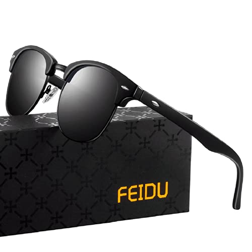 FEIDU Halbrahmen Polarisierte Klassische Metall Sonnenbrillen Herren-Retro Polarisierte Sonnenbrille Damen FD 3031 (1.1-all/schwarz-matte-schwarz, 2.04)