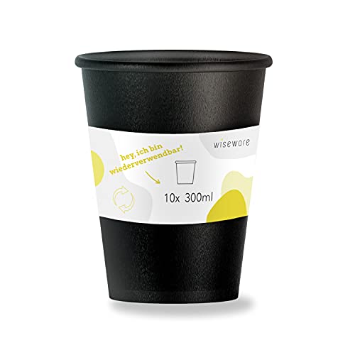wiseware Trinkbecher 300 ml 10 Stück - Mehrweg Coffee-to-Go - BPA-frei und wiederverwendbar aus recyclebarem Plastik (PP) - Kaffeebecher spülmaschinenfest schwarz ohne Deckel