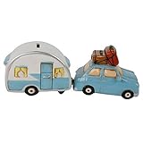 wunderschönes 2er Set Spardose Auto mit Wohnwagen-Anhänger aus Keramik handbemalt mit Gummipfopfen als Verschluß
