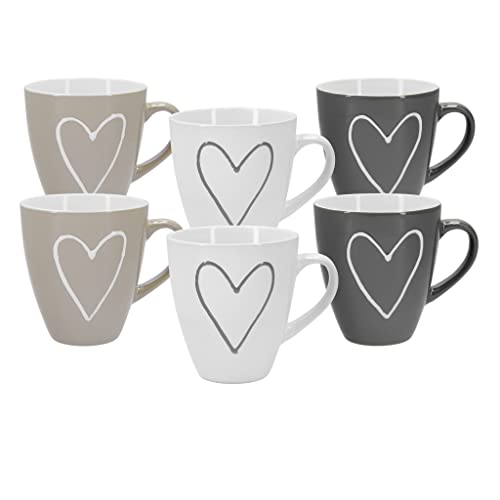 Tassen Set 6er mit Herz XXL | ca. 400 ml | Kaffeebecher in weiß, beige und grau | Tasse aus Keramik