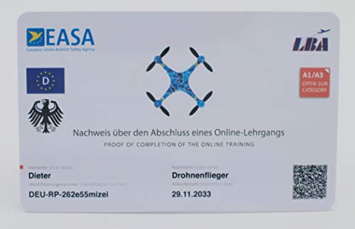MJ Drohnenführerschein - mit QR-Code + Bundesadler und Adresse auf Rückseite, Nachweis für A1-A3 in Scheckkartengröße, hochwertige Plastikkarte mit über 600dpi
