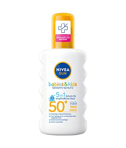 NIVEA SUN Babies & Kids Sensitiv Schutz Sonnenspray LSF 50+ (200 ml), extra wasserfestes Sonnencreme Spray für Kinder, Sonnenmilch als praktisches Spray ohne Parfum