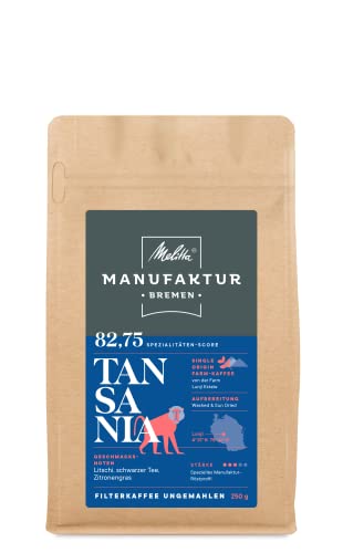 Melitta Manufaktur-Kaffee Tansania, Filterkaffee ungemahlen, Spezialitätenkaffee, Single Origin, Trommelröstung, Litschi, schwarzer Tee, Zitronengras, 250 g
