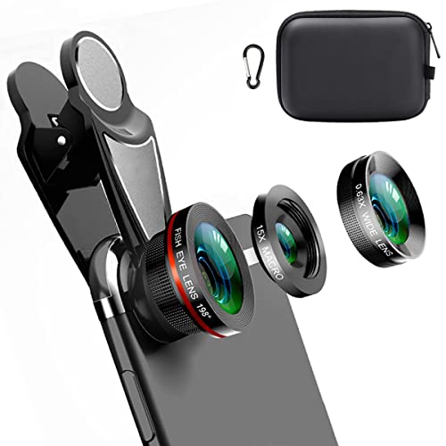 3 in 1 Handy Objektiv Kit , Clip-On Kamera-Adapter - Fischaugenobjektiv (198° Fisheye ) + Weitwinkel (0,63x Wide) + Makroobjektiv (15x) für iPad, iPhone, Samsung, Android und die meisten Smartphones