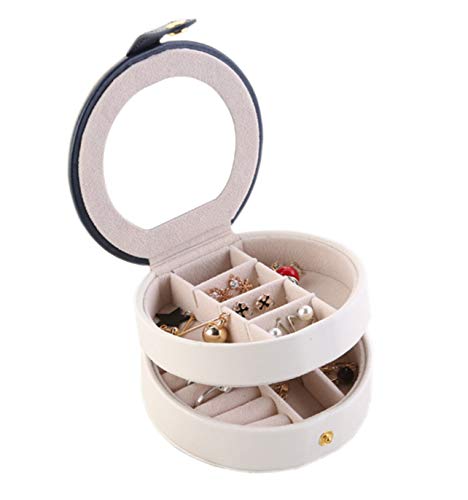 Mvchif Schmuckkästchen aus PU-Leder mit Spiegel, tragbar, rund, Reise-Etui, Knopfverschluss, Ringhalter für Mädchen (weiß)