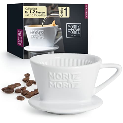Moritz & Moritz Kaffeefilter Porzellan Größe 1 – Kaffeefilter Wiederverwendbar für exzellenten aromareichen Kaffeegeschmack – Kaffee Filteraufsatz für 1-2 Tassen - inklusive 10x Papierfilter - weiß