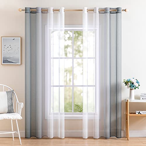 MIULEE 2er Set Voile Vorhang Zweifarbiger Vorhang mit Ösen Transparente Gardine Ösenschal Fensterschal Lichtdurchlässig für Schlafzimmer, 140x215cm, Weiß Grau