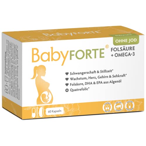 BABYFORTE® Folsäure OHNE JOD + Omega-3 vegan mit Algenöl | 17 Schwangerschaftsvitamine ohne Jod + Quatrefolic® | 60 Kapseln | ab 1. Trimester