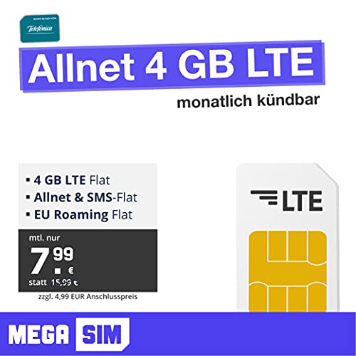 Mobilfunktarif Allnet 4 GB Internet Flat, Flat Telefonie, Flat SMS, EU-Roaming, monatlich kündbar