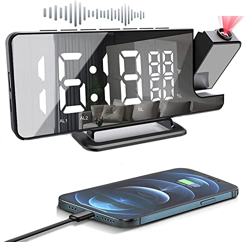 Projektionswecker Radiowecker mit USB-Anschluss Wecker Digital mit Projektion Dual-Alarm 12 / 24H LED-Anzeige 180° Projektor 4 Projektionshelligkeit