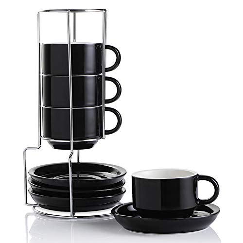 SWEEJAR Home Porzellan Espressotassen mit Untertassen, 120 ml stapelbare Cappuccinotassen mit Metallständer für Kaffeegetränke, Latte, Tee - 4er Set (Schwarz)