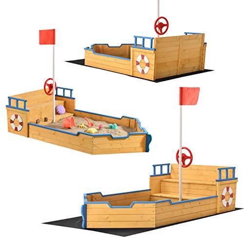 Juskys Sandkasten Käpt'n Pit - Piratenschiff Boot aus Holz — Große Kinder Sandkiste für den Garten mit Bodenplane und Sitzbank | Outdoor Sandbox
