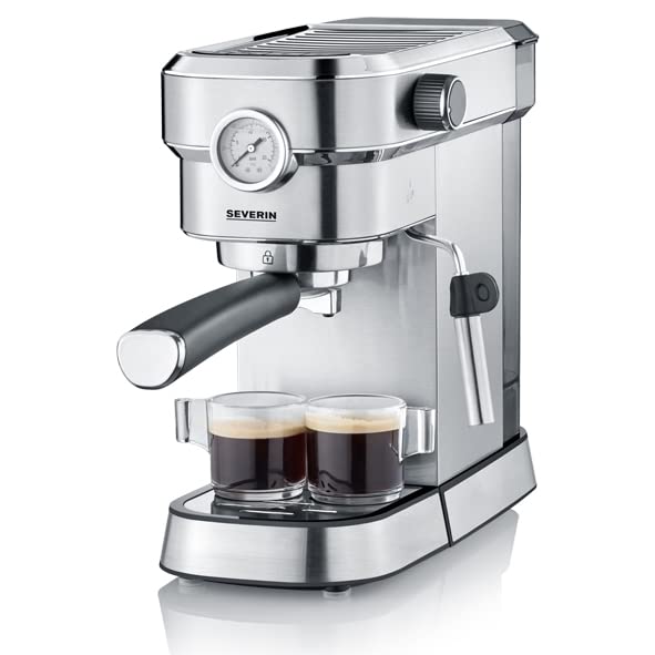 SEVERIN Espressomaschine 'Espresa Plus', Siebträgermaschine mit 3 Einsätzen, Kaffeemaschine mit Milchschäumer und Manometer, inkl. Barista-Starterset, Edelstahl-gebürstet/schwarz, KA 5995