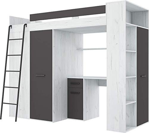 FurnitureByJDM Hochbett mit Schreibtisch, Kleiderschrank und Bücherregal - VERANA L - (Craft Weiß/Graphit)