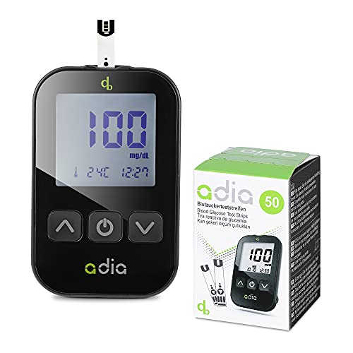 adia Diabetes-Set, Messeinheit mg, mit 60 Blutzuckerteststreifen, Stechhilfe und 10 Lanzetten zur Blutzuckerkontrolle, Modell 2021
