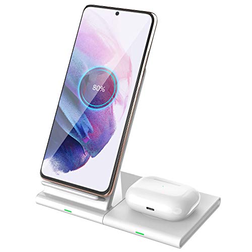 Hoidokly 2 in 1 Wireless Charger, Dual Induktive Ladestation Fast Magnetische Kabelloses Ladegerät für Samsung S22/S21/S10/S9/Note 20/Galaxy Buds Live, iPhone 13/12 Pro/11/XS/Airpods Pro(Kein Adapter)