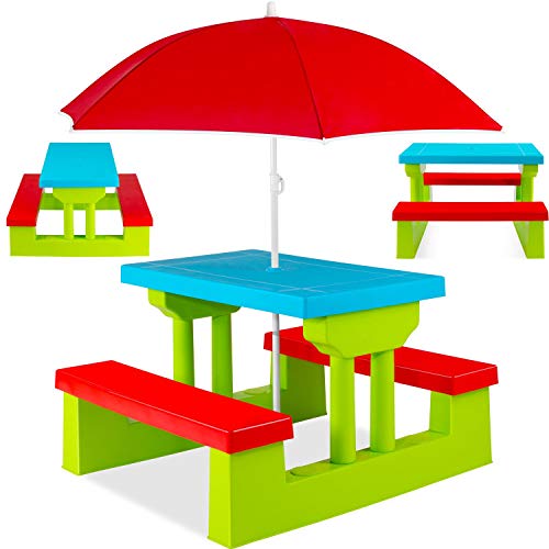 KESSER® Kindersitzgruppe mit Sonnenschirm Kindertisch Picknickset | Sitzgarnitur Tisch und Bänke | Sitzgruppe Kindermöbel Gartenmöbel für Kinder Grün