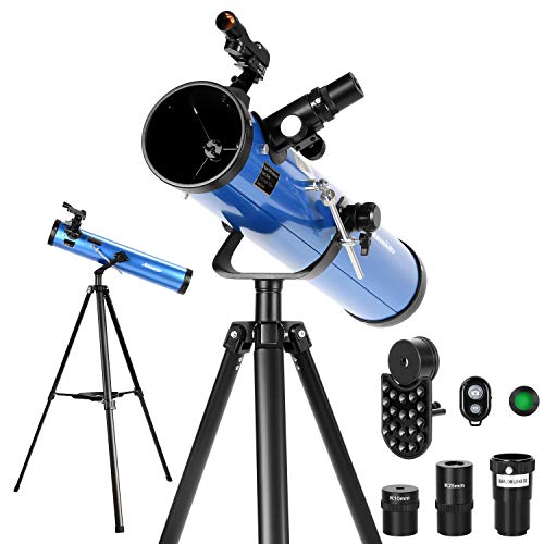 Aomekie Spiegelteleskop 76/700 Reflektor Teleskop Astronomie mit Bluetooth Handy Adapter Stativ Mondfilter und 3X Barlow