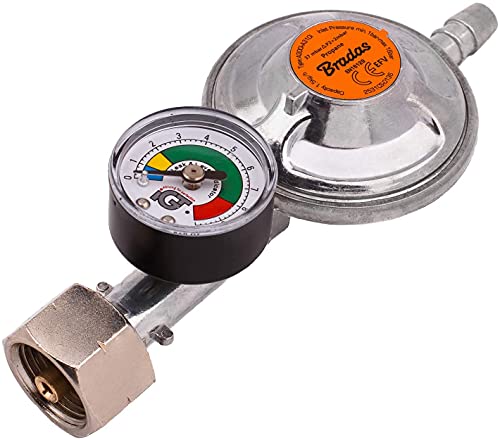 Propane Butane Gas Regulator 37 mbar, 1,5 kg/h with Emergency Valve and Gauge, for 9-10 mm Hose, BBQ, Camping, Caravan, Plumber