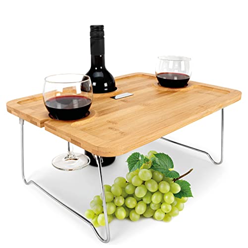 ECOBAM Picknicktisch mit Weinglashalter [100% Bambus] Couchbar, Weintisch, Betttisch und Betttablett | für Camping, Frühstück, Picknick, Strand, Bett