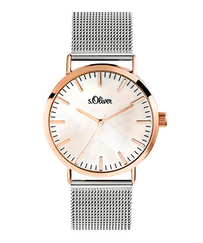 s.Oliver Damen Analog Quarz Uhr mit Edelstahl Armband SO-3669-MQ, Silber-IP Roségold