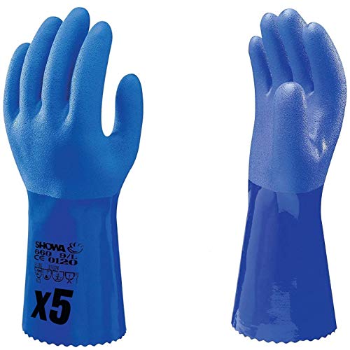 SHOWA 660 Baumwollträgergewebe Chemikalienschutzhandschuh mit kompletter PVC Beschichtung und besonders rauem Finish, Blau, 5 paar, Größe XL (10)