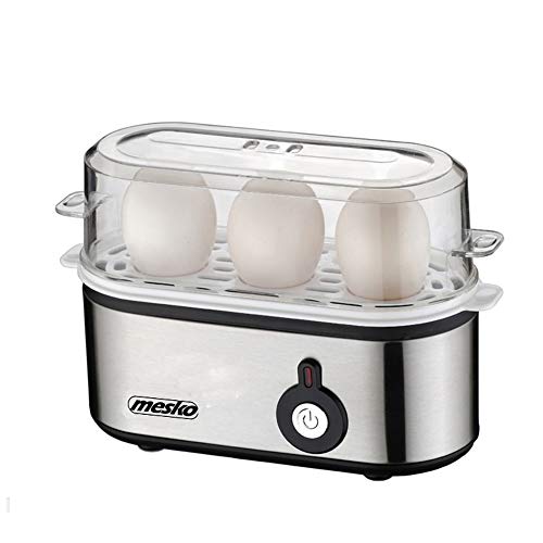mesko MS 4485 Eierkocher für 3 Eier mit Messbecher, 350 W, kochzubehör für weiche, harte gekochte Eier, Kontrollleuchte, automatische Abschaltung, klein, silber/schwarz, 9.3 x 21 x 14.3 cm