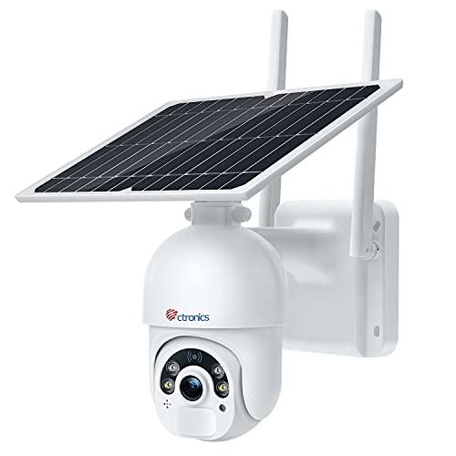 Ctronics Überwachungskamera Aussen 10000mAh Akku, 100% Kabellos PTZ Digitaler Zoom Kamera mit Solarpanel, WLAN IP Kamera Outdoor, PIR und Radar Erkennung, Farb-Nachtsicht, 2-Wege-Audio, SD-Kartenslot