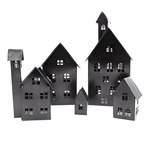 UNUS Deko Häuser 5er Set, Lichthäuser aus Metall für Garten, Terrasse, Balkon oder Zuhause (Schwarz)