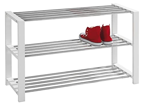 Schuhregal mit 3 Ebenen für 12 Paar Schuhe - 80 cm breit - Holzwerkstoff - Metall - Chromfarben - Weiß - Schuhbank Schuhschrank Schuhablage Schuhständer Schuhaufbewahrung