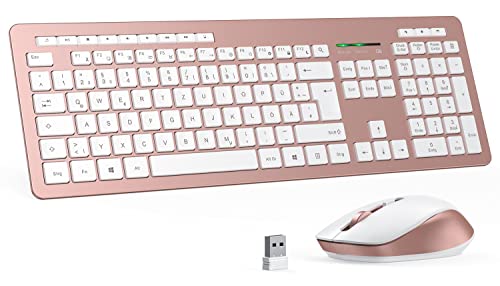 Kizhah Tastatur Maus Set kabellos, Kabellos Funkmaus und Tastatur mit USB Empfänger, 2.4 Ghz Funktastatur mit Maus Set für PC Desktop Notebook Laptop,14 Zusatztasten, QWERTZ-Layout, Rosegold