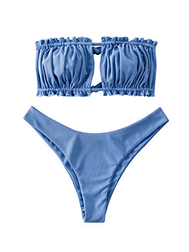 ZAFUL Damen Bikini Set, schulterfrei Bandeau mit Kordelzug & Rüschen High Cut Einfarbig Bademode (Seidenblau, M)