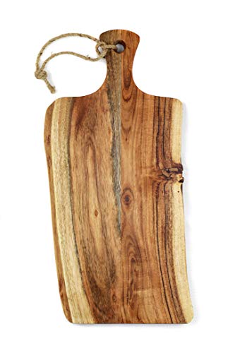 Schneidebrett Holz groß | Hackbrett aus Akazienholz mit Griff und Aufhängung im Naturschnitt, rustikal | ca. 45 x 20 x 1,6 cm groß | Holzbrett für die Küche | Massives Küchenbrett | Schneidbrett