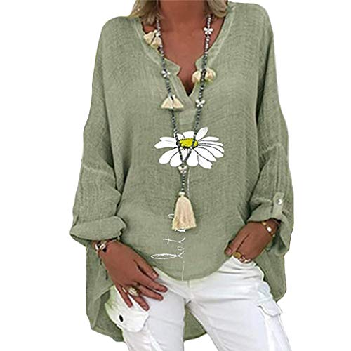 Damen Tops Casual Blumendruck T-Shirt Langarm V-Ausschnitt Pullover Plus Size Loose Tunika Bluse(XL,Grün)
