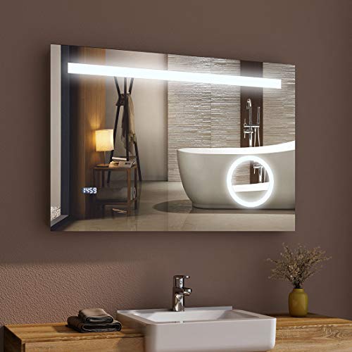 Bad Spiegel mit LED Beleuchtung 80 x 60 cm Badspiegel Badezimmerspiegel mit Sensor-Schalter, Schminkspiegel und Digital Uhr IP44 [Energieklasse A+] - kaltweiß