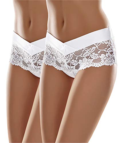 Merry Style Damen Unterhose Hipster Hot Pants mit Spitzenbesatz MSGAB155 (Weiß (2Pack), 36 (Herstellergröße: S))
