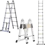 3,8M A-Rahmen (1,9 + 1,9 m) Klappleiter ausziehbare Leiter, Aluminium Teleskopleiter, tragbare Mehrzweck-Loftleiter, 150 kg Tragkraft, für Zuhause, Büro, Heimwerker, Bauarbeiter