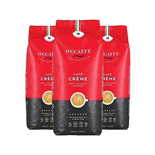 O'CCAFFÈ – Café Crème | 3 x 1 kg ganze Kaffeebohnen | säurearmer, aromatischer Kaffee Crema | extra langsame Trommelröstung aus italienischem Familienbetrieb