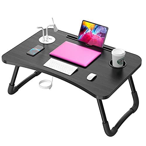 Elekin Tragbar Laptoptisch, Faltbare Notebooktisch Betttisch Lapdesks mit USB/Tassenschlitz, Multifunktionstisch Zeichentisch für Sofa Bett mit Geschenk (Kleine Tischlampe, Kleiner Ventilator)