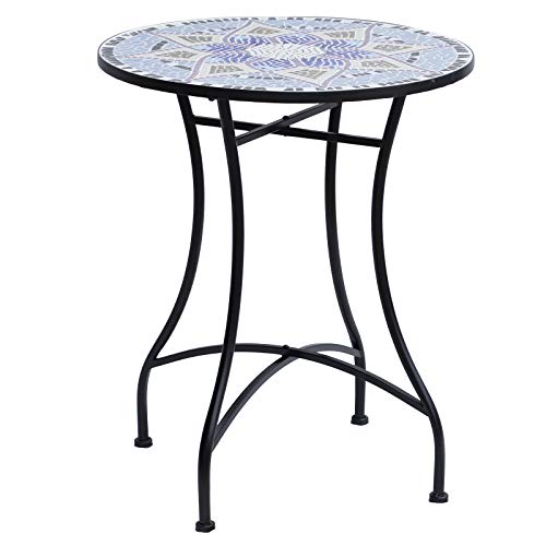 Outsunny Gartentisch Mosaiktisch Balkontisch Beistelltisch Seviertisch rund Stahl + Keramik Blau + Weiß Ø60 x H71 cm