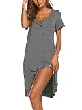 Ekouaer Nachthemden für Damen Sommer Schlafshirt Kurzarm Sleepshirt Nachtwäsche Knopfleiste Grau XL