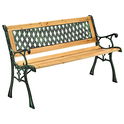 Juskys Gartenbank Pisa — 2-Sitzer Holzbank mit Armlehnen & Rückenlehne — wetterfeste Sitzbank 122x54x73 cm - Seitenelemente aus Gusseisen