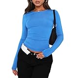 Tshirt Damen Top Rundhals Slim Fit Langarmshirt Y2K Oberteile Einfarbig Basic Crop Tops Influencer Tee Shirts Casual Teenager Streetwear(S,Blau)