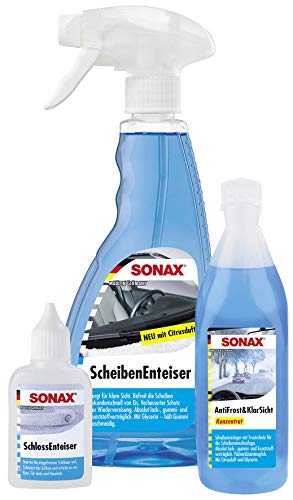 SONAX WinterFitSet (3-teilig) gegen Eis, Frost & schlechte Sicht, Scheibenenteiser (500 ml), Schlossenteiser (50 ml) & AntiFrost+KlarSicht Konzentrat (250 ml) | Art-Nr. 03319000